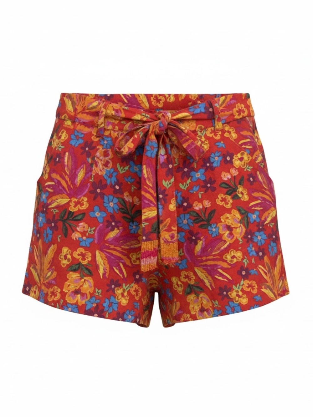 C&C California Linen High-Waist Floral Tie-Front Shorts with Beaded Belt